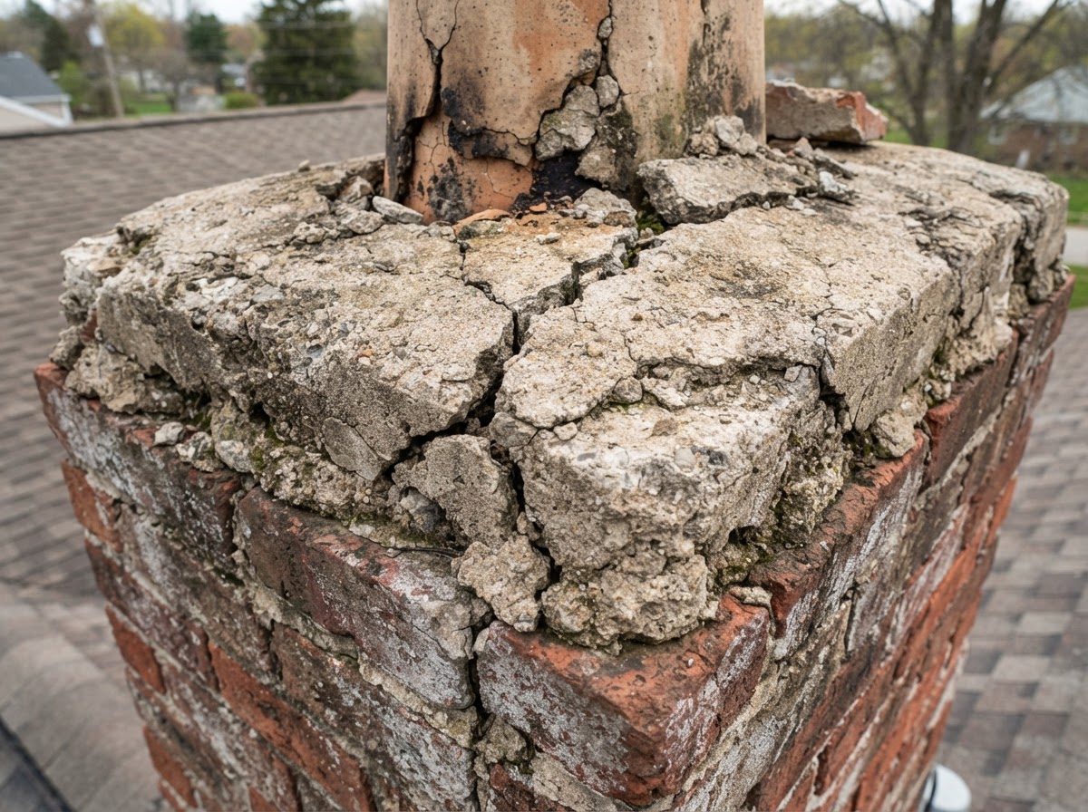 Cracked chimney crown requiring repair in Milford MA