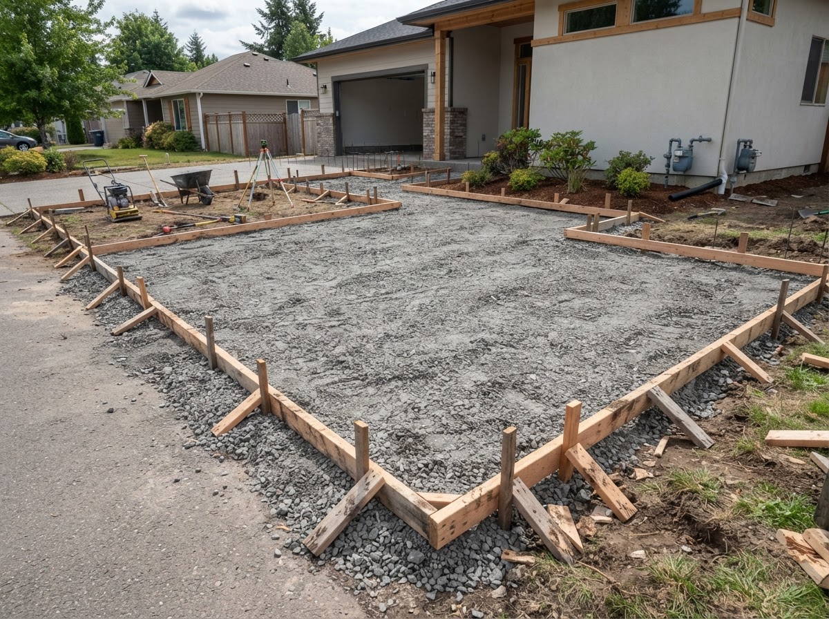 Compacted aggregate base prepared for a concrete driveway in Milford MA