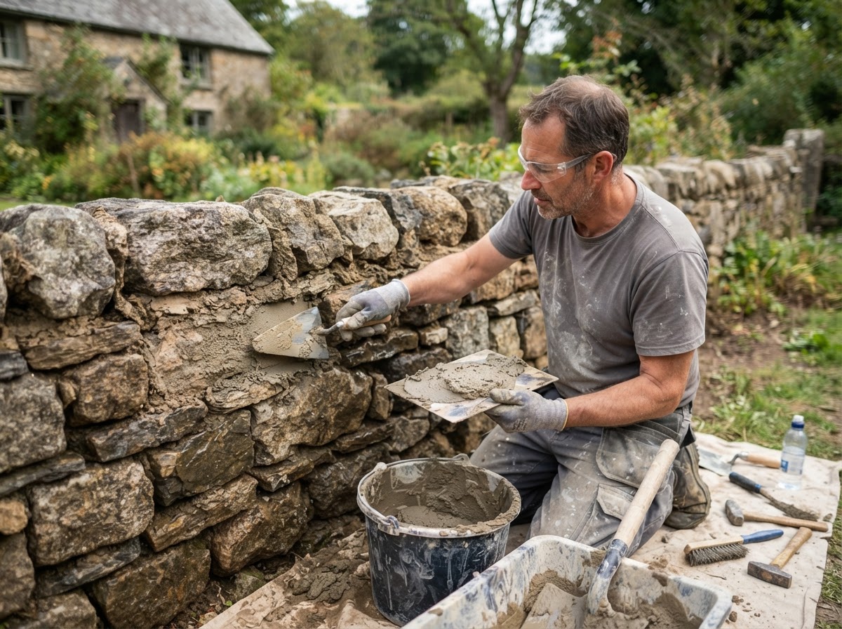 Stone masonry repointing in progress on a fieldstone wall in Holliston