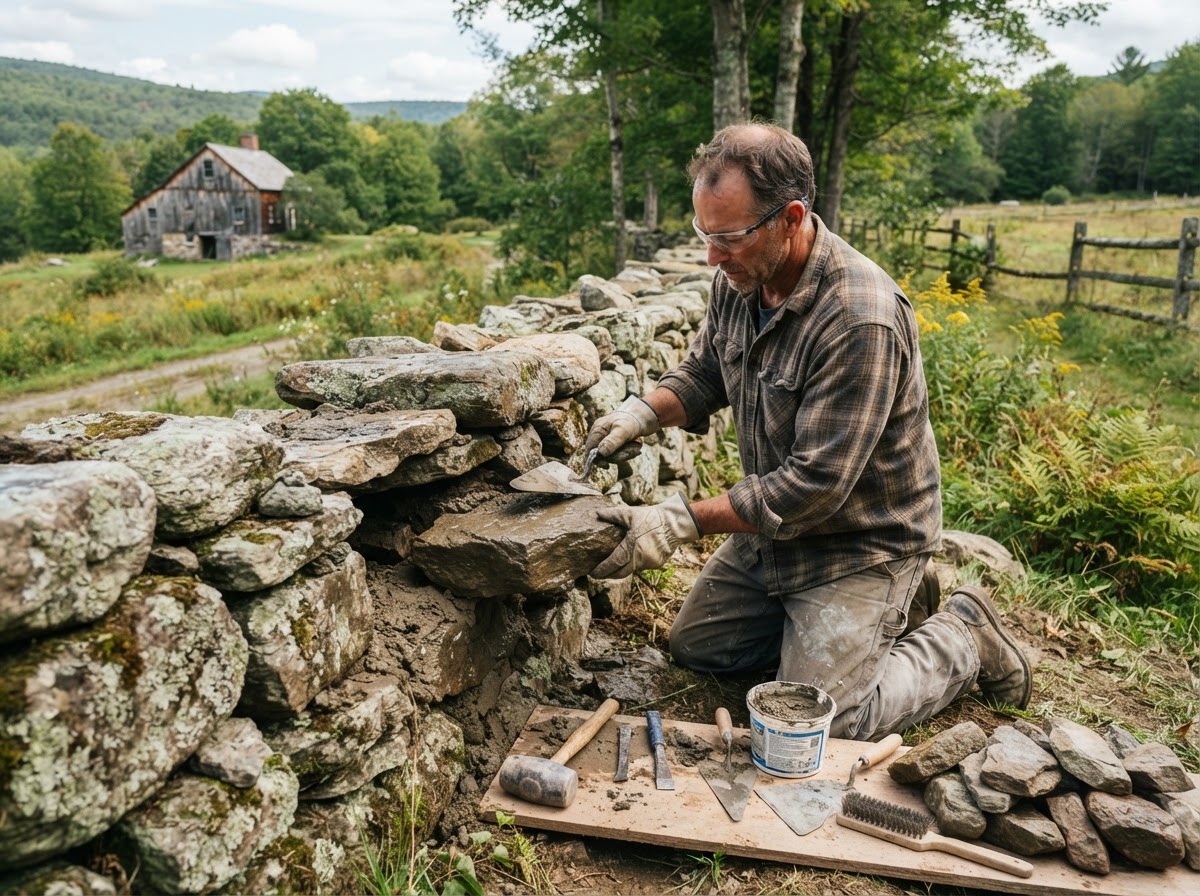 Fieldstone wall repair along a scenic road in Holliston Massachusetts