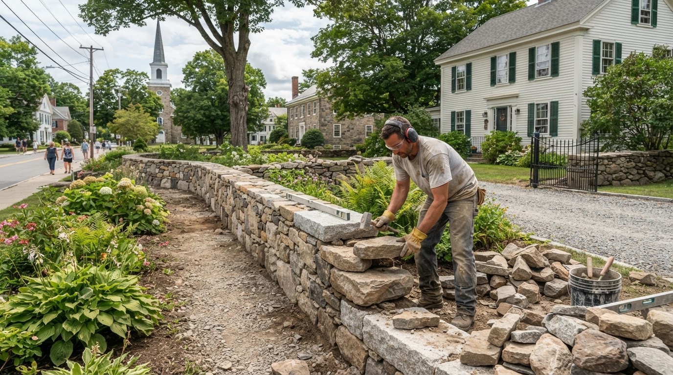 Stone wall installation at a Hopkinton Massachusetts residential property