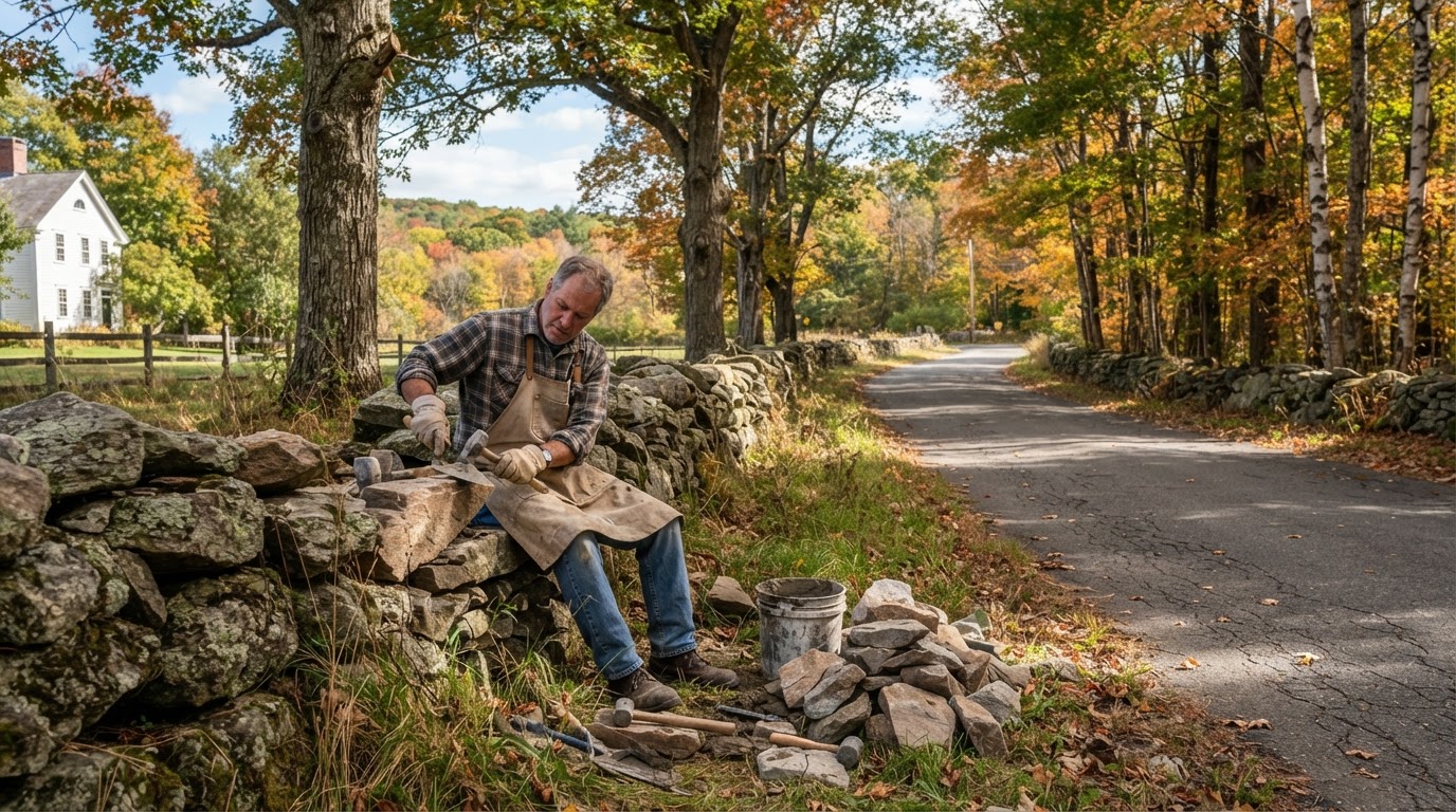 Mason rebuilding a traditional fieldstone wall along a scenic road in Holliston Massachusetts