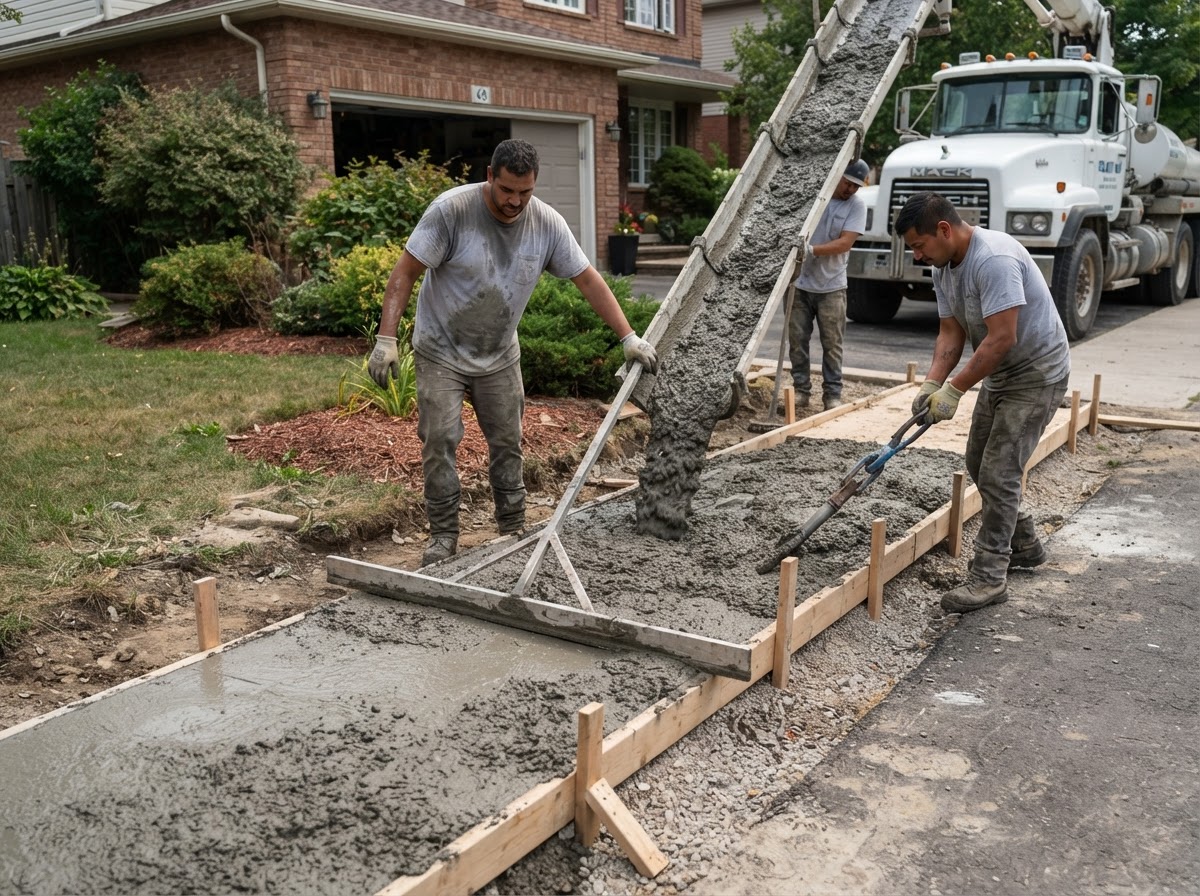 Concrete being placed into sidewalk forms at a Milford area home