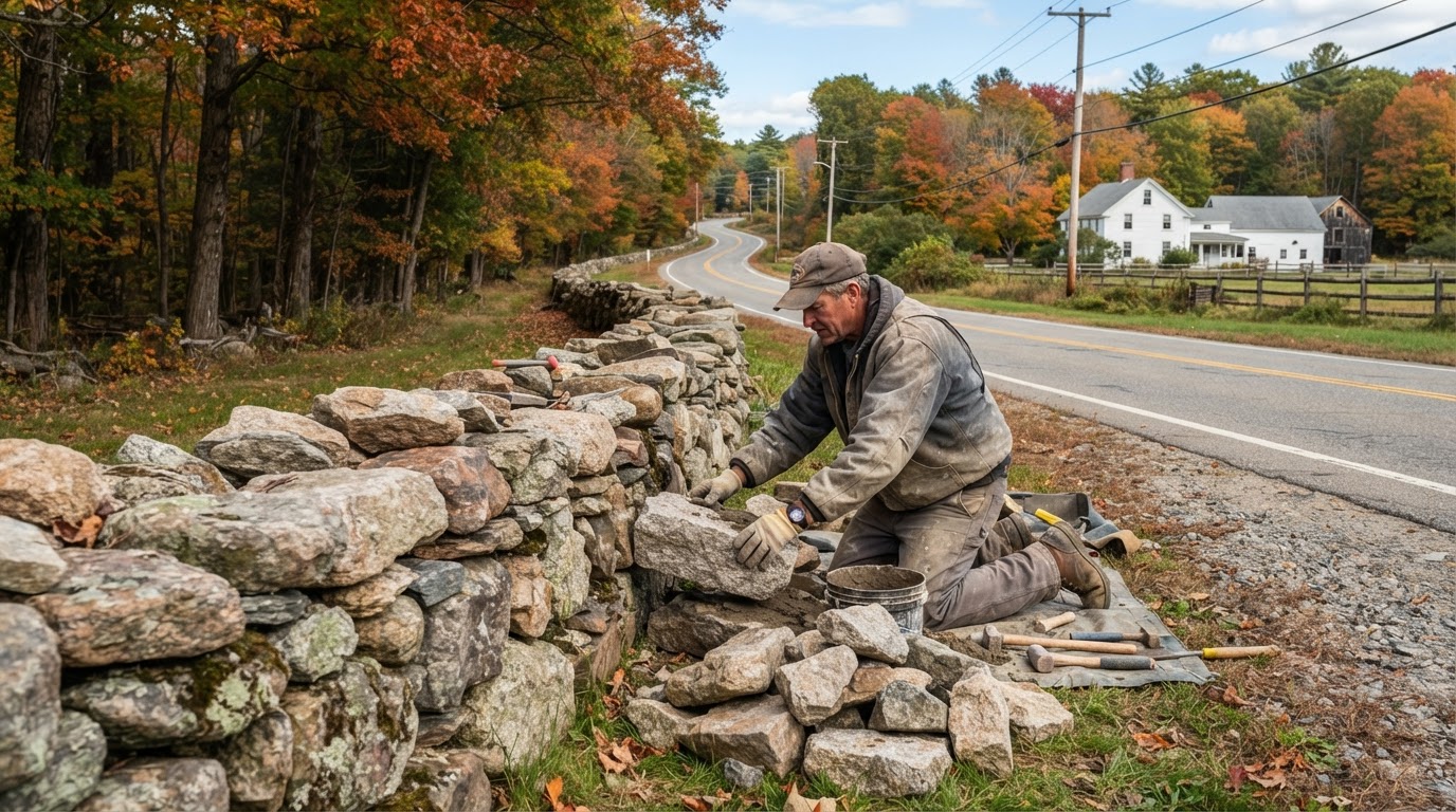 Stone wall repair on a traditional fieldstone wall in Holliston Massachusetts