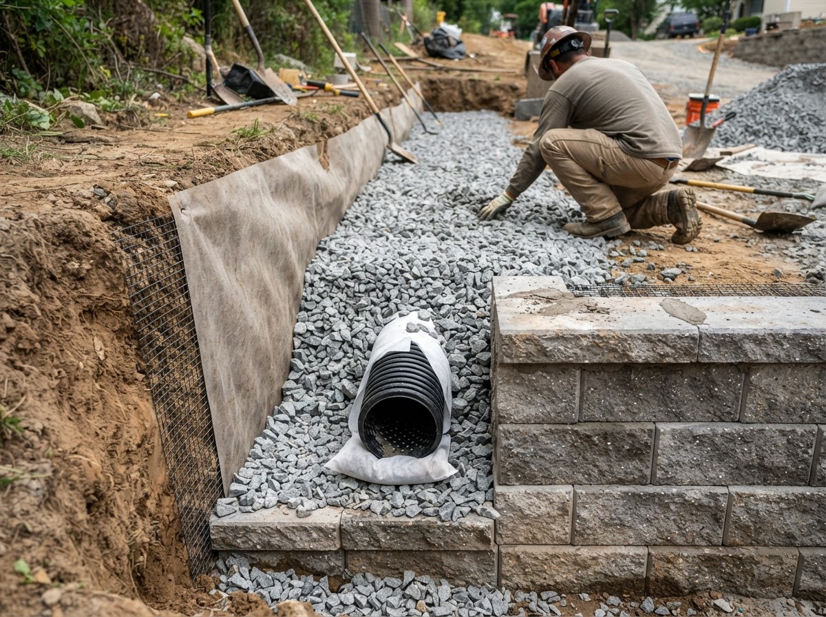 Retaining wall drainage stone and backfill during installation in Medway