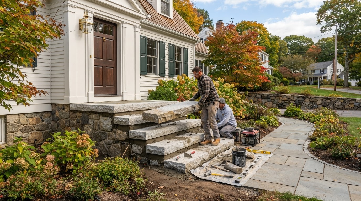 Stone step installation at an Upton Massachusetts residential entry