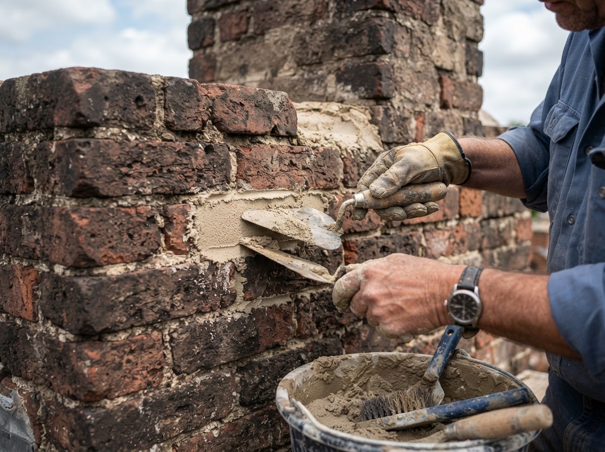 Chimney repointing on weathered brick masonry