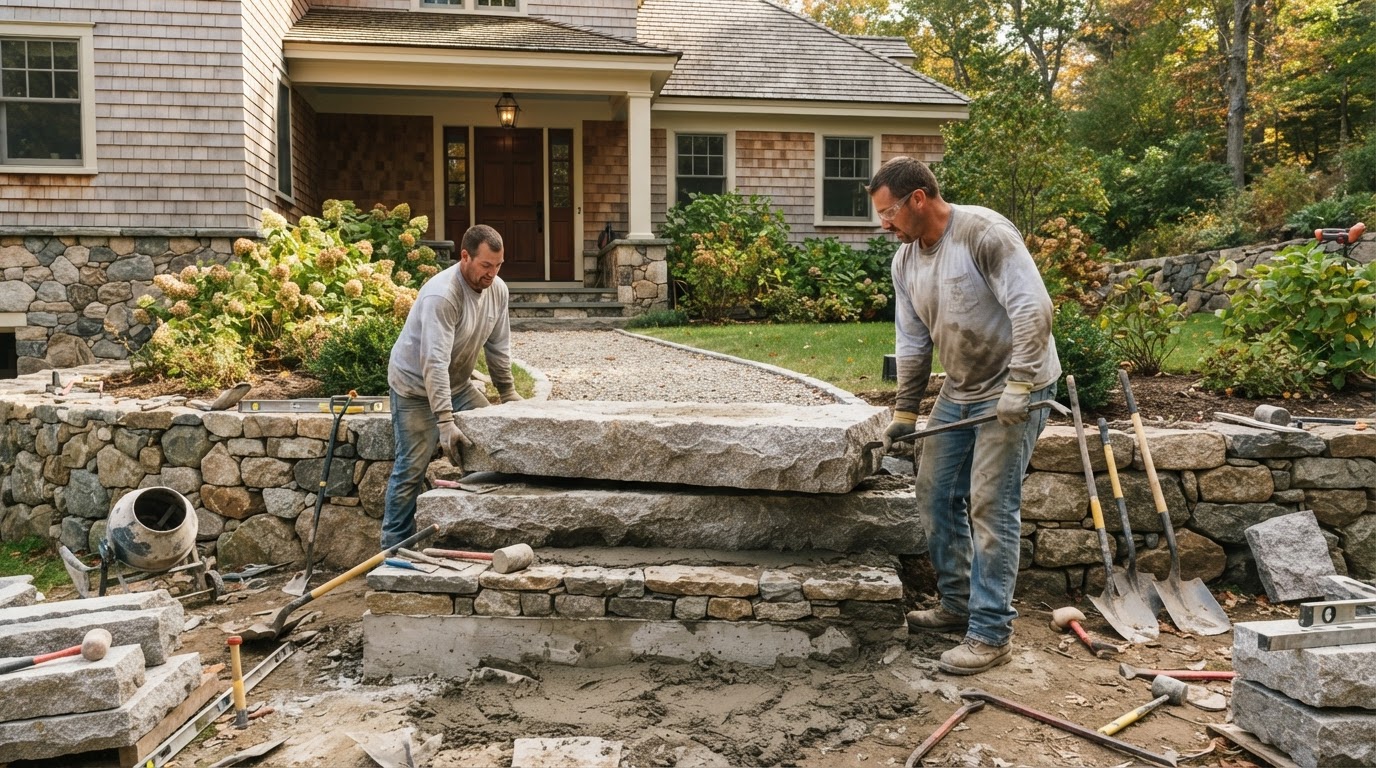 Stone step installation in Milford Massachusetts