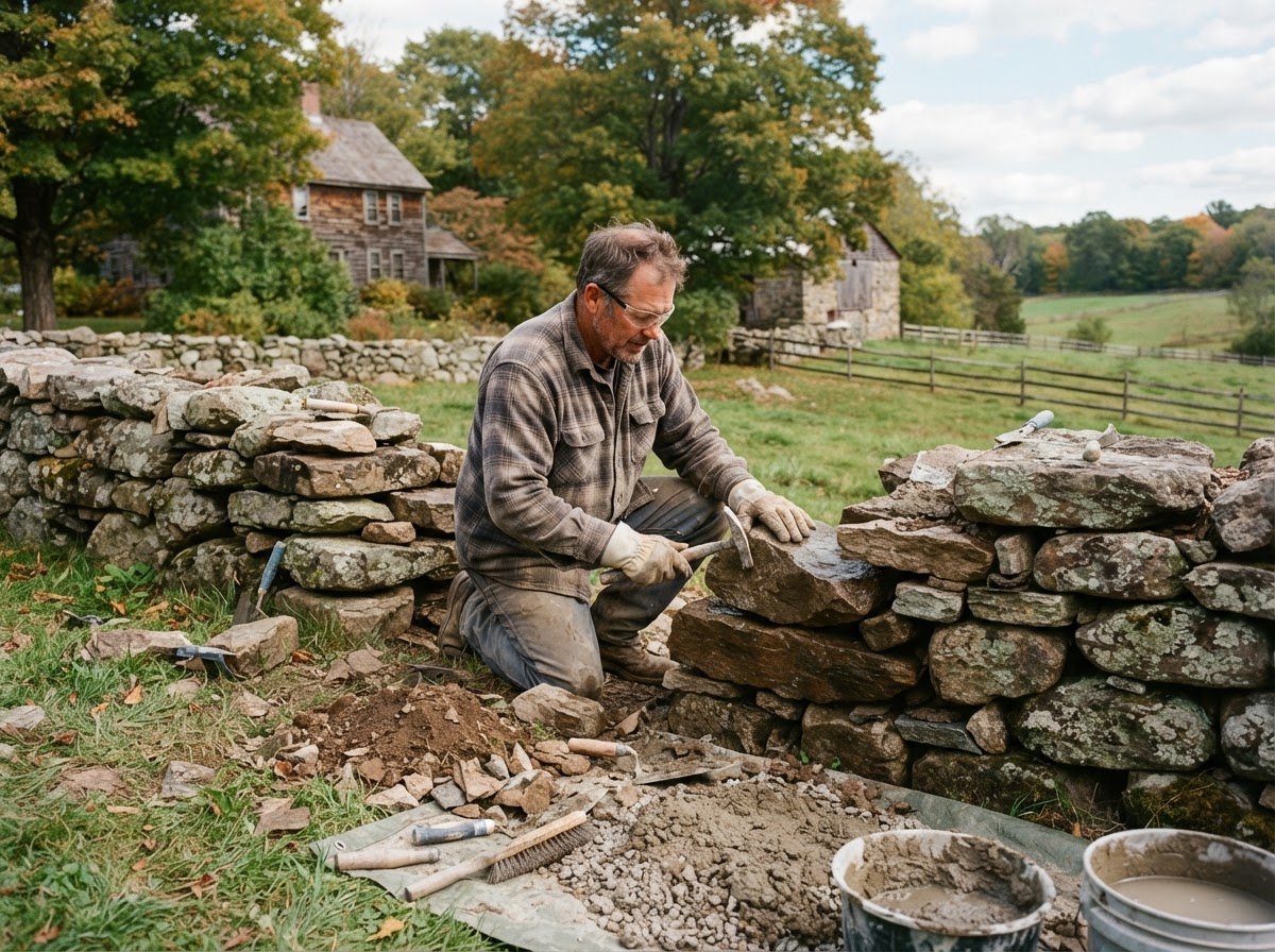 Loose fieldstone being reset during stone wall repair in Holliston MA
