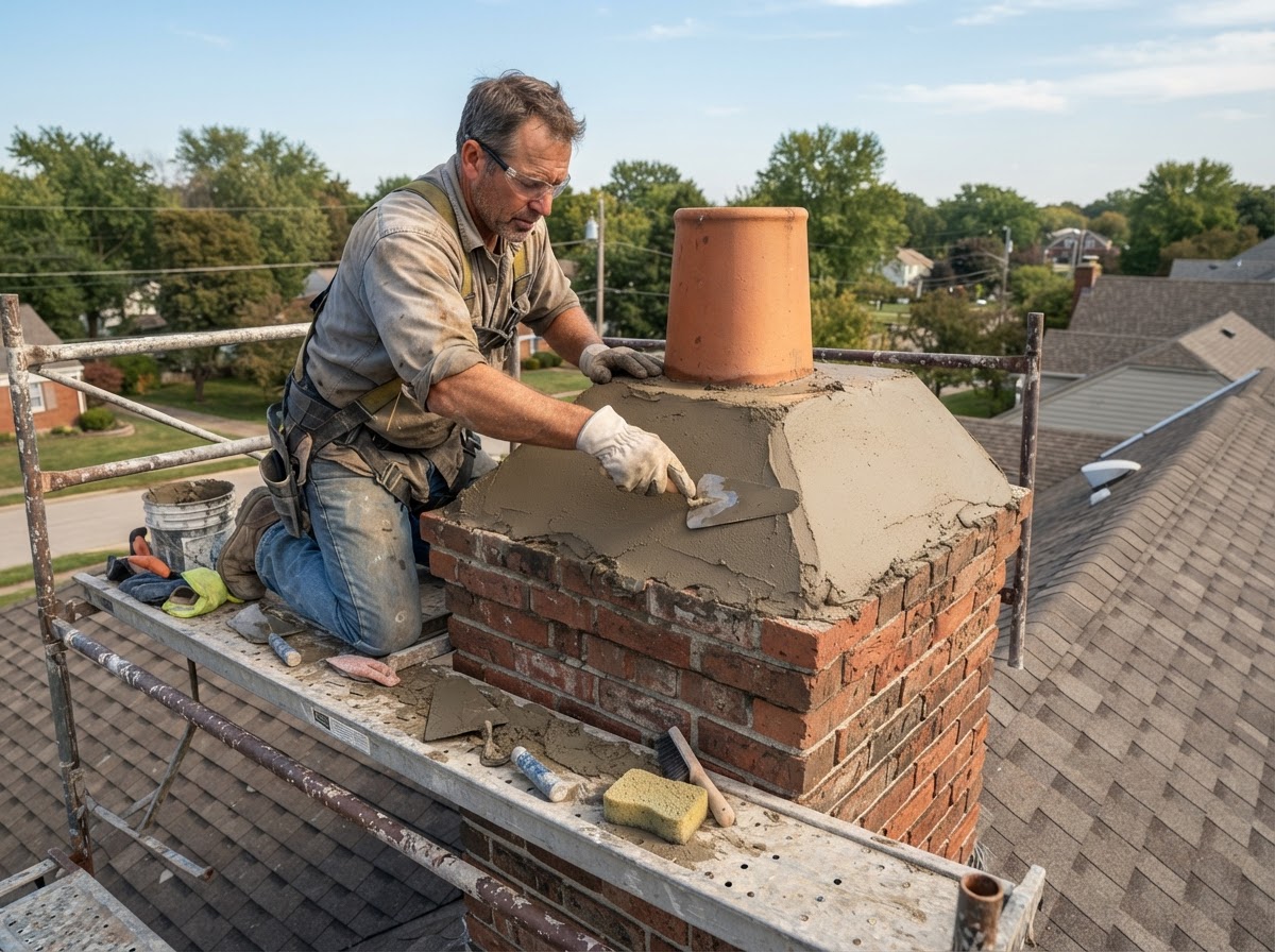 Chimney crown repair on a residential brick chimney