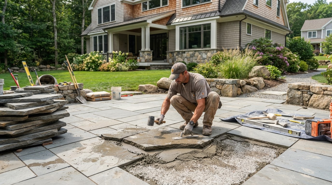 Patio installation at a Hopkinton Massachusetts residential property