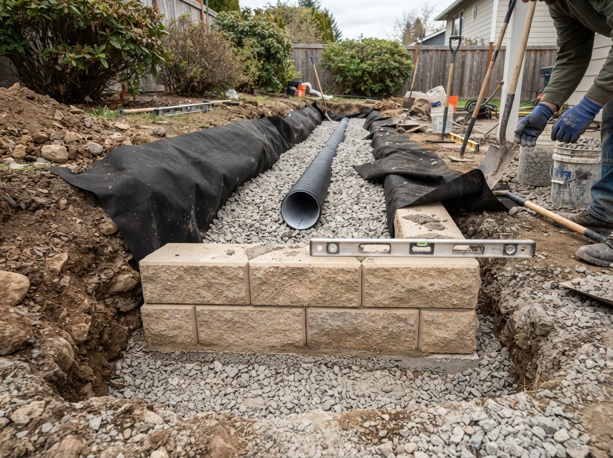 Retaining wall repair with compacted base and drainage stone