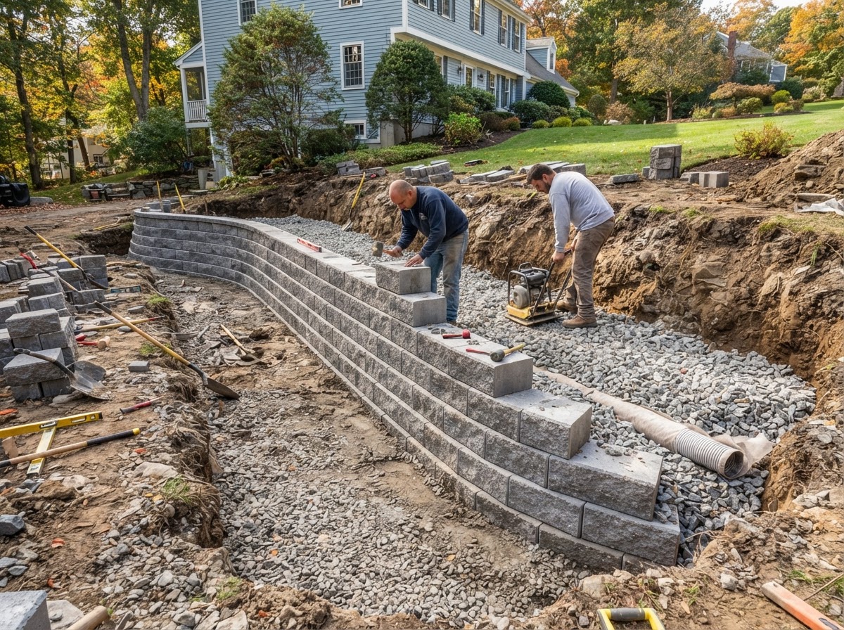 Retaining wall with drainage stone in Holliston MA