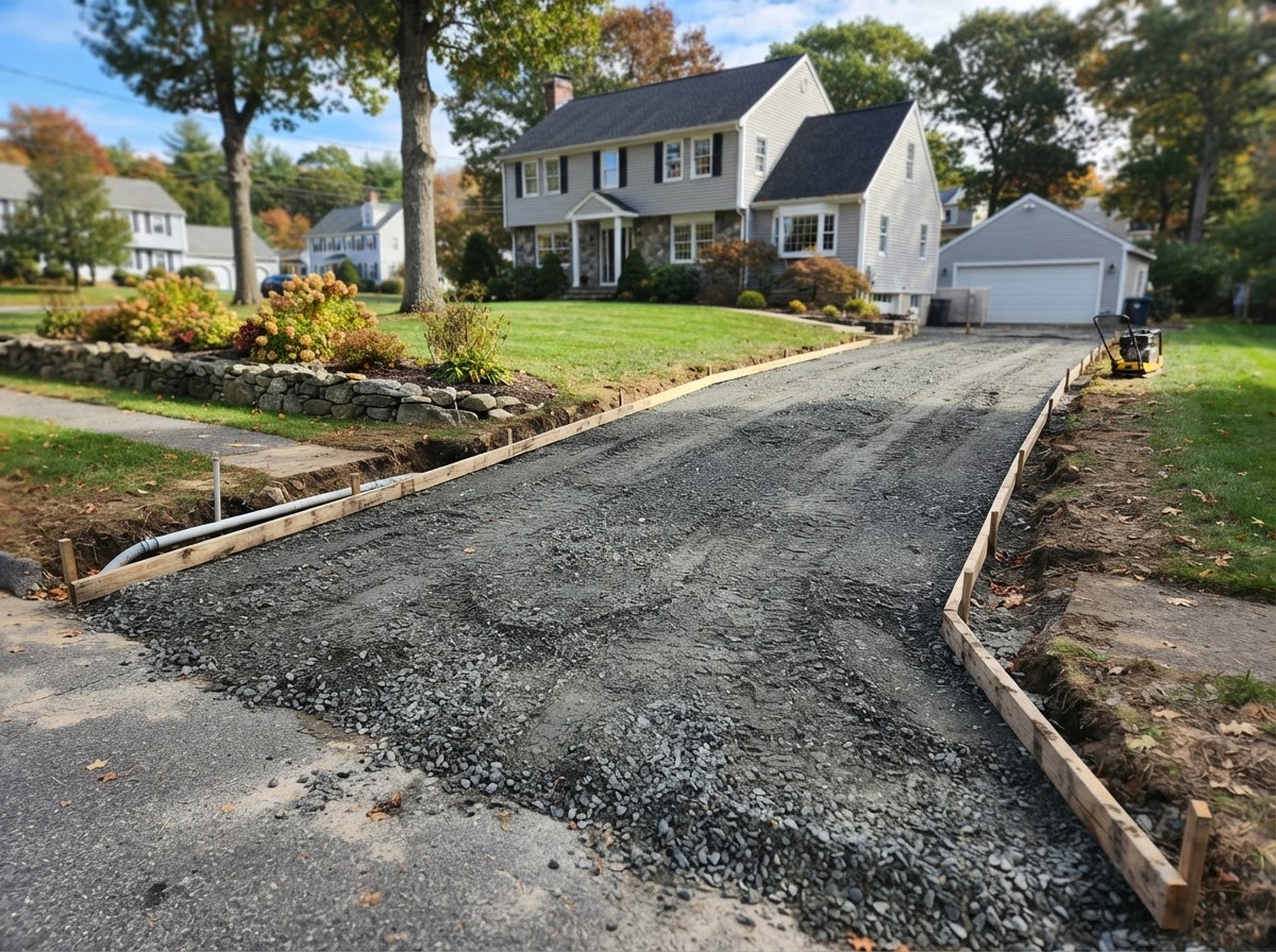 Compacted aggregate base prepared for a residential concrete driveway in Bellingham MA