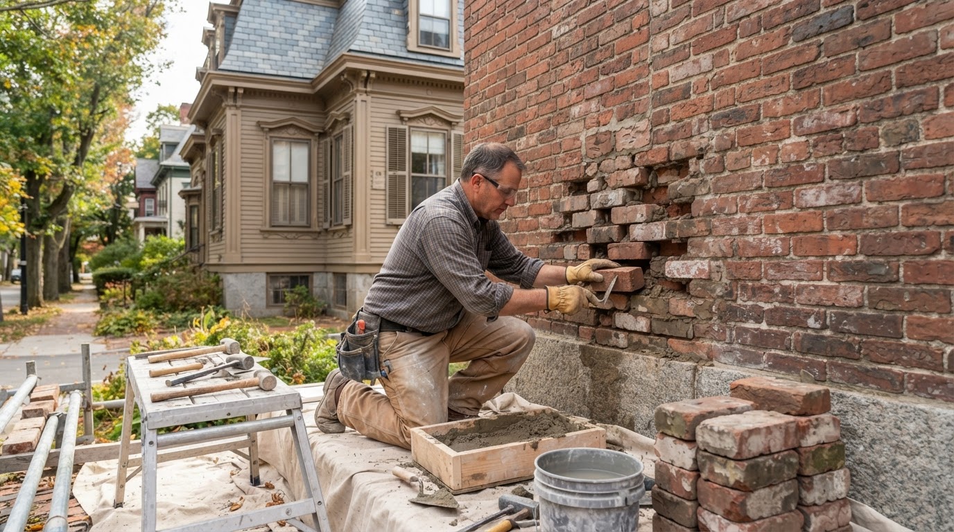 Brick repair on a residential masonry wall in Franklin Massachusetts