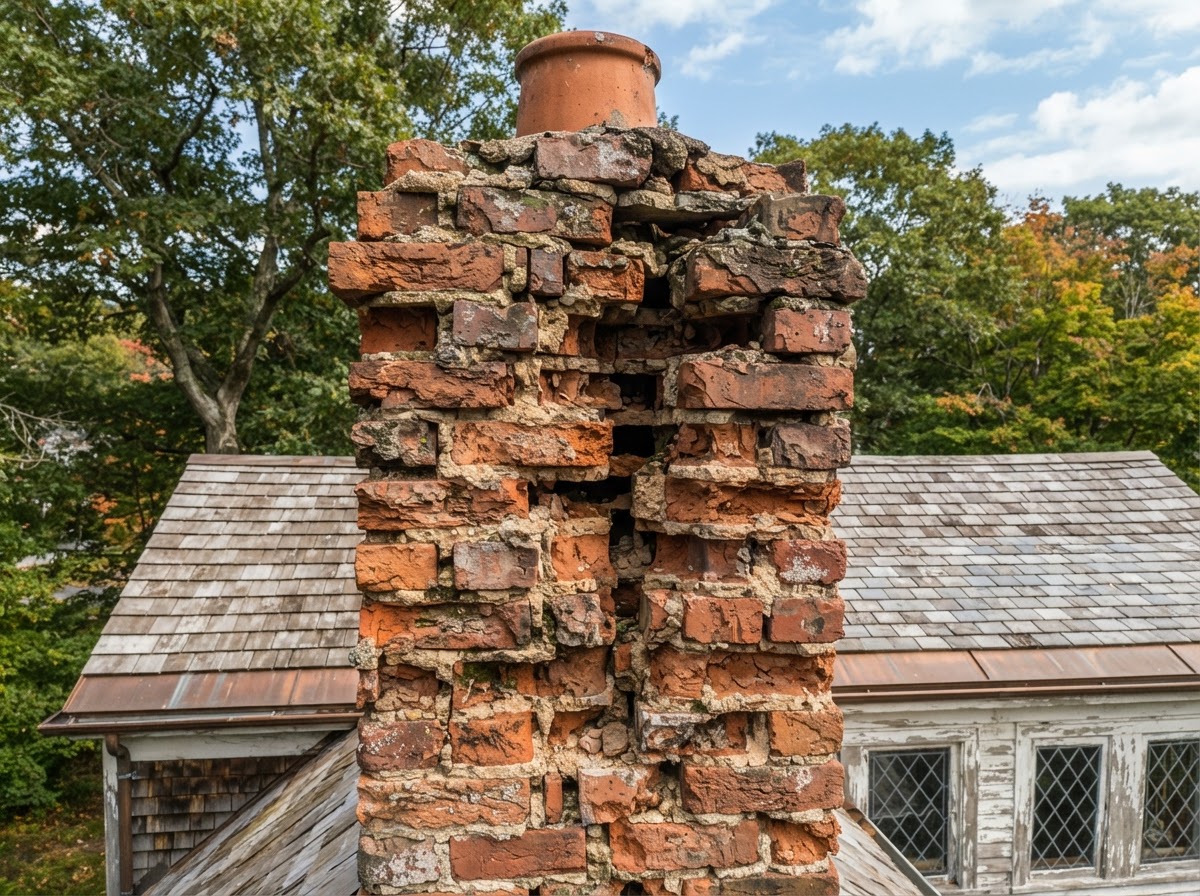 Weathered chimney mortar joints before repointing in Milford MA