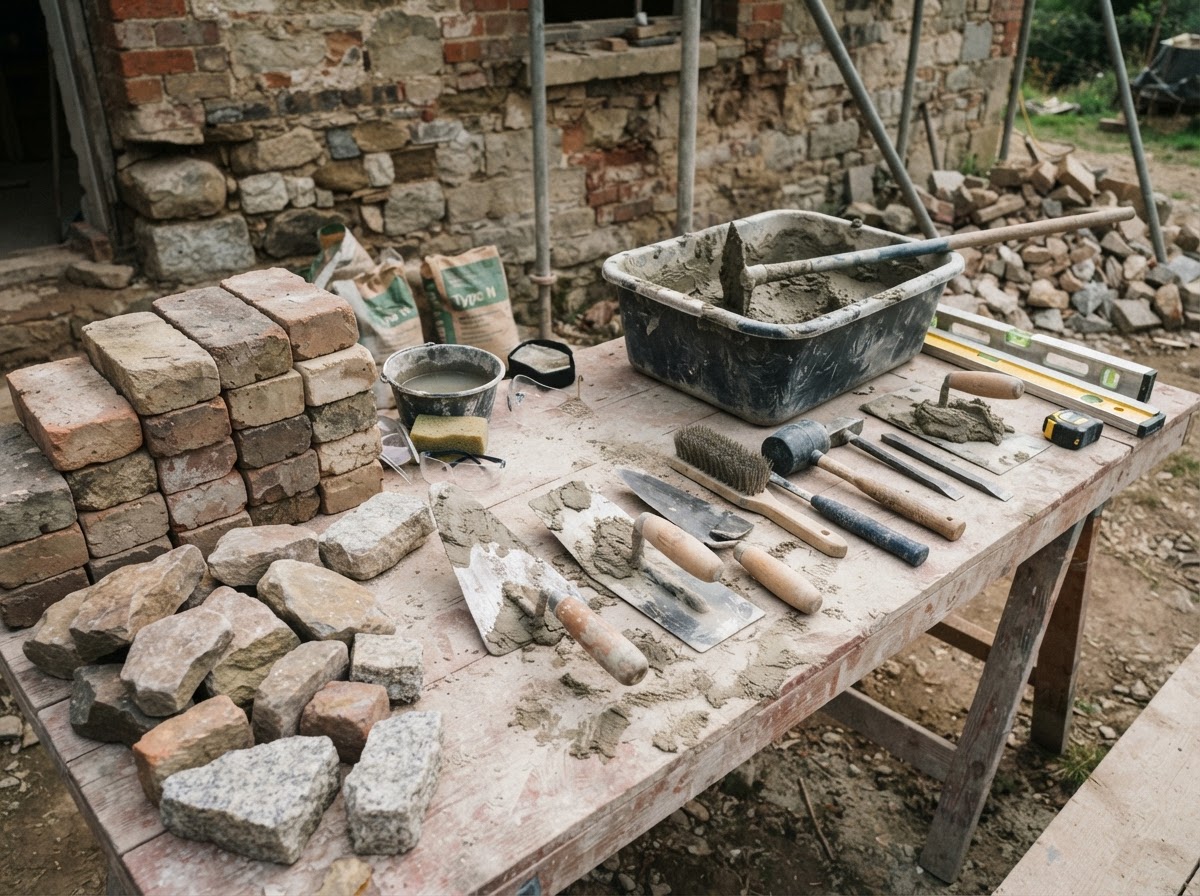Masonry tools and materials prepared for repair work