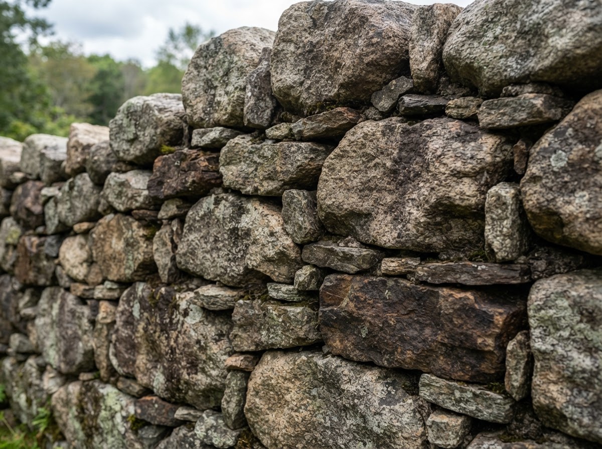 Fitted fieldstone masonry in a New England stone wall