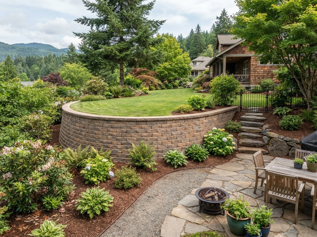 Finished suburban segmental retaining wall at a Bellingham area residential yard