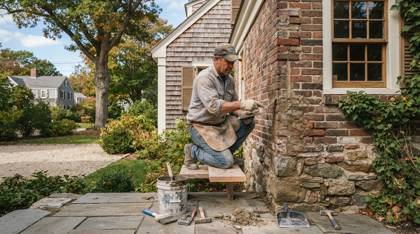 Repointing mortar joints on an older brick wall in Holliston Massachusetts