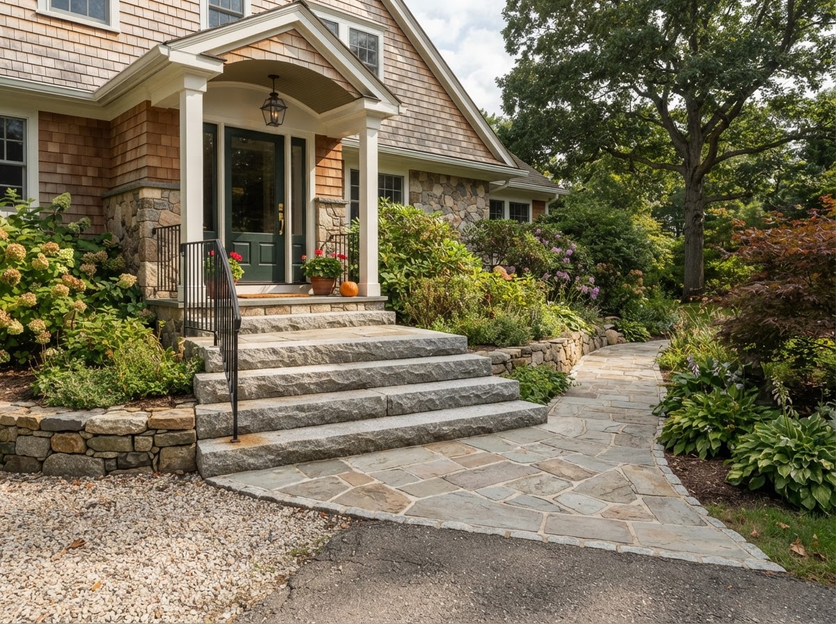 Finished stone entry steps connecting to a residential masonry walkway in Upton MA