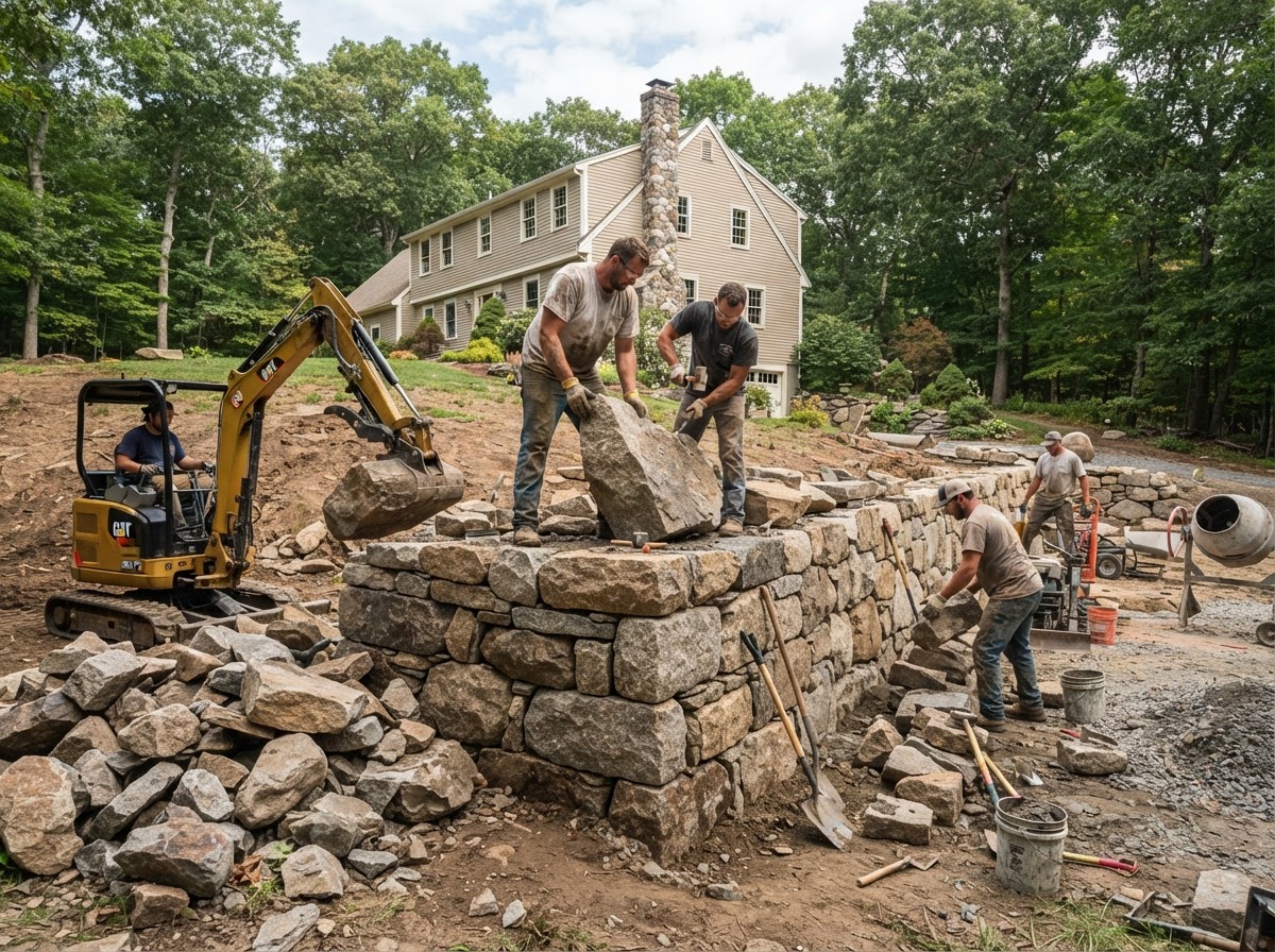Granite stone wall installation in progress at an Upton Massachusetts property