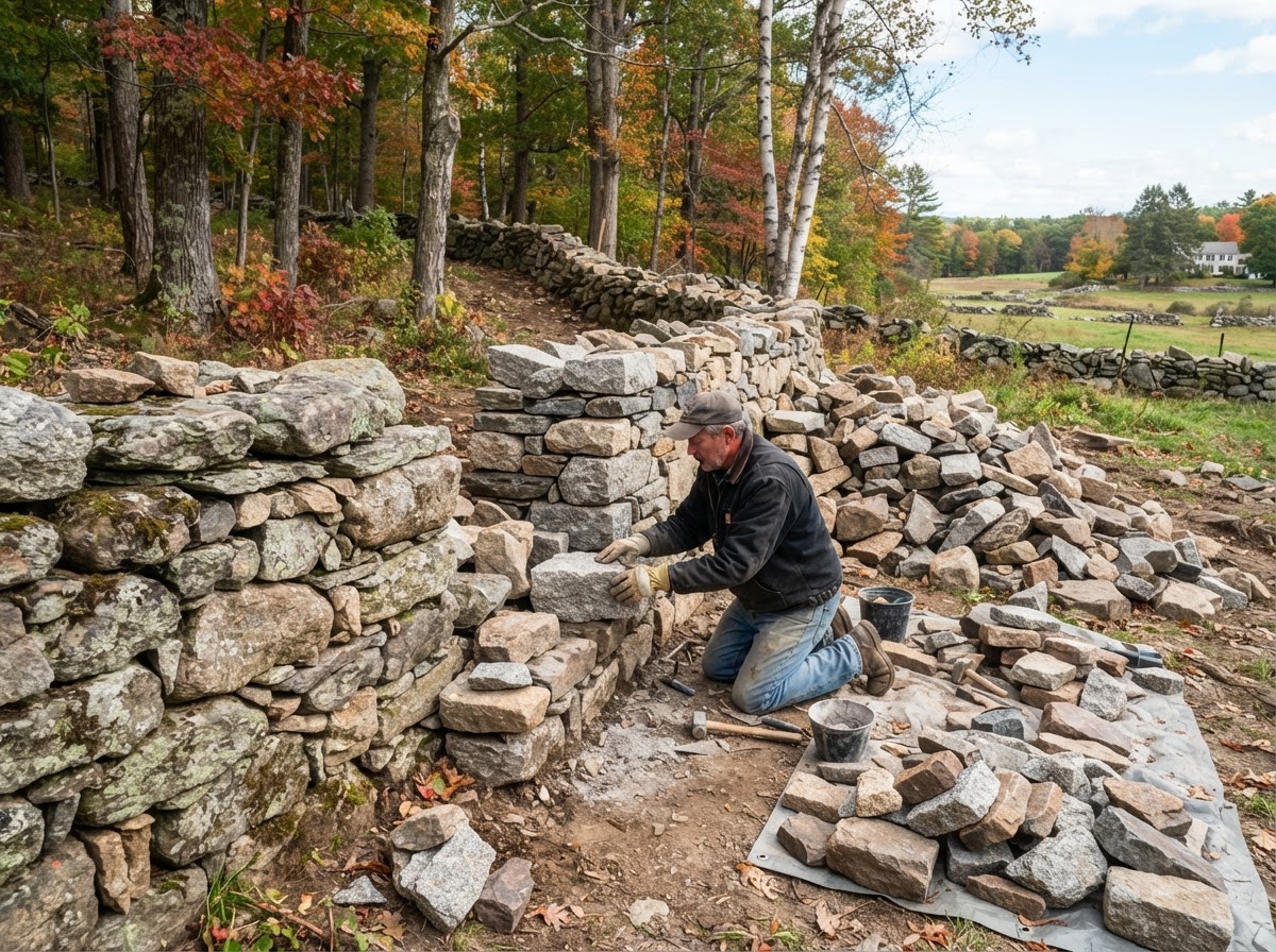 Partial natural stone wall rebuilding at a Massachusetts home