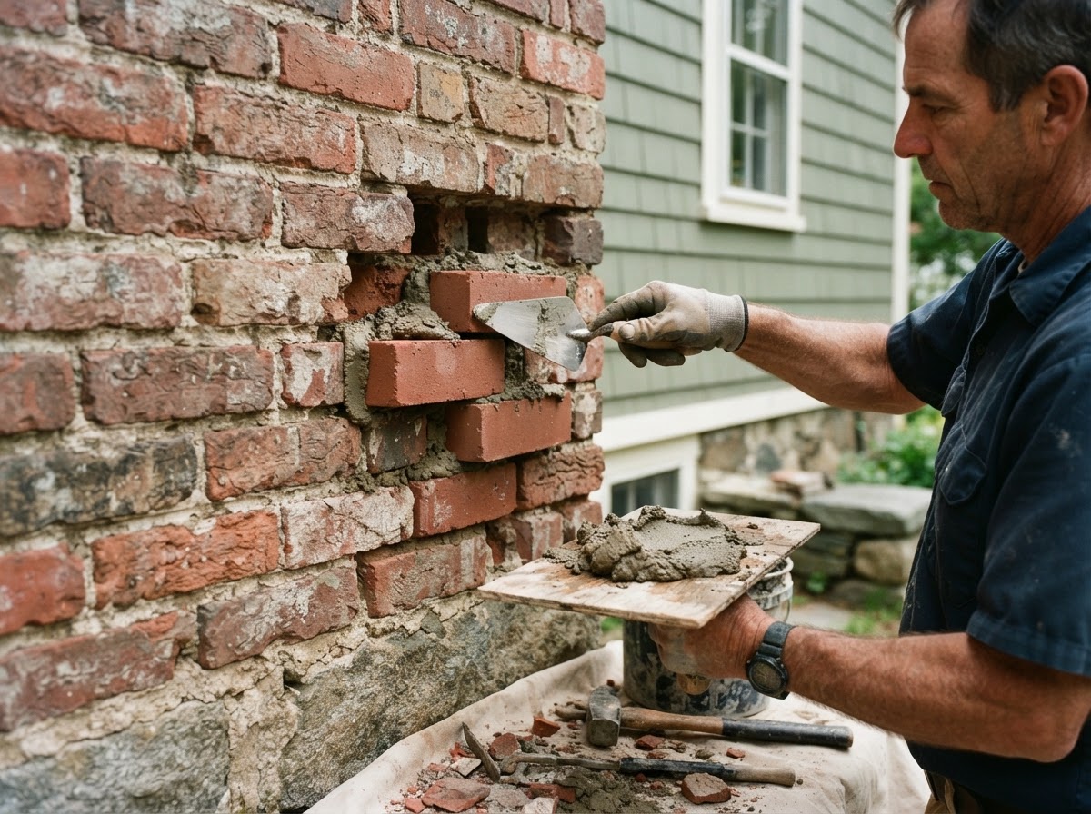 Brick repair work on exterior masonry in Milford MA