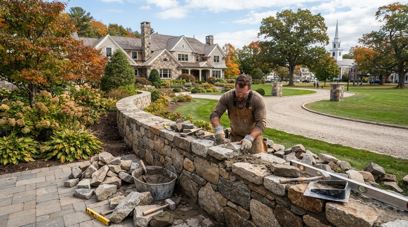 Mason installing a bluestone patio at a residential property in Hopkinton Massachusetts