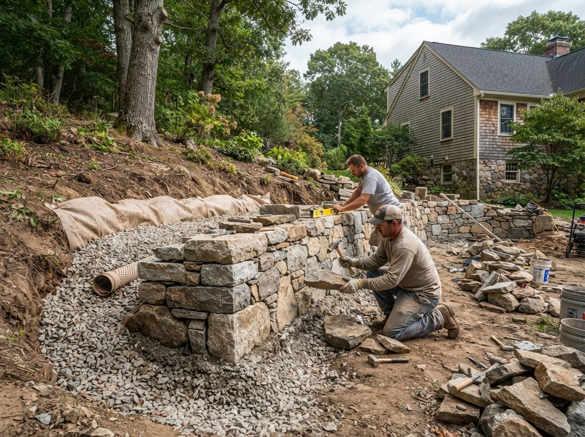 Natural stone retaining wall construction at a Massachusetts property