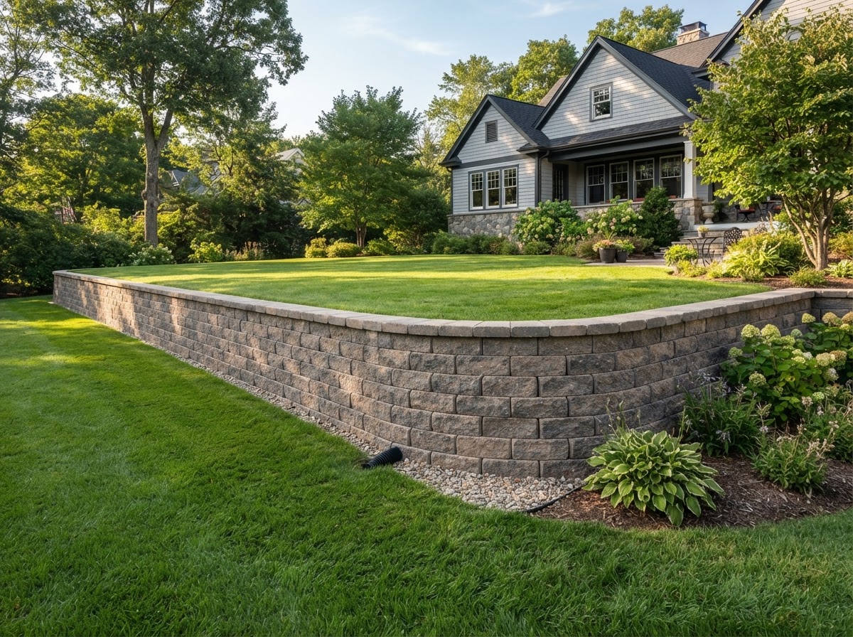 Finished retaining wall creating a usable grade transition