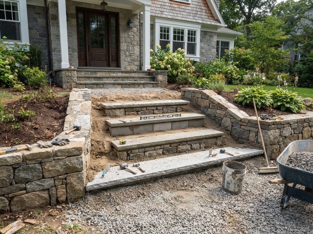 Prepared base for granite and natural stone steps