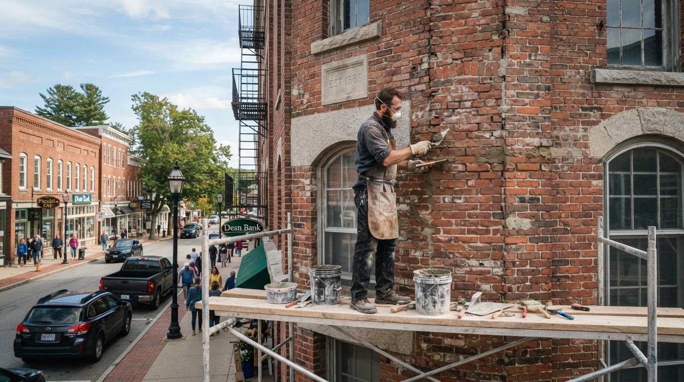 Mason repointing old brick masonry on a historic home in Franklin Massachusetts