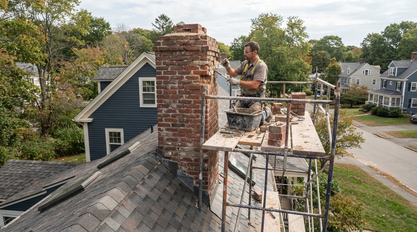 Chimney masonry repair on a residential property in Medway Massachusetts