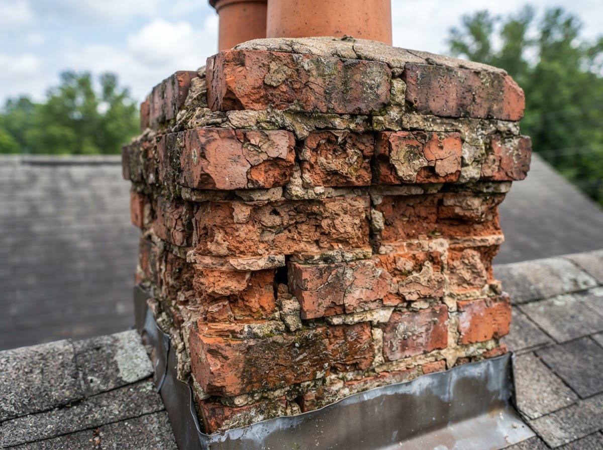 Damaged chimney brick requiring masonry repair in Franklin MA