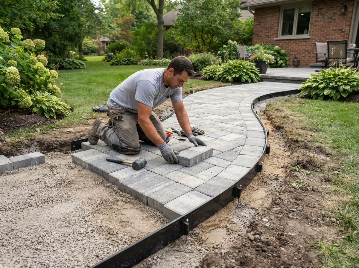 Paver walkway being installed with finished edge restraint
