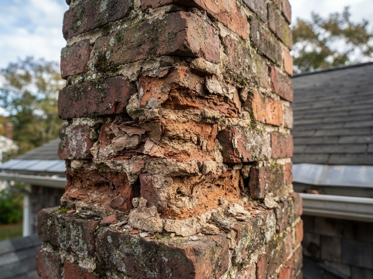 Spalled chimney brick requiring masonry repair in Milford MA