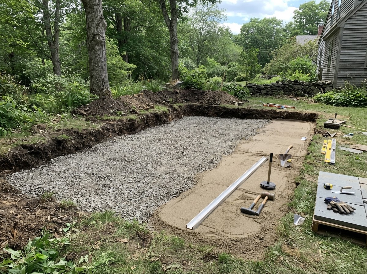 Compacted stone base prepared for patio installation