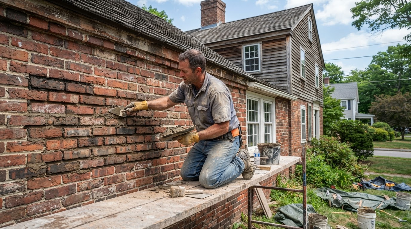 Masonry repair on brick exterior in Milford Massachusetts