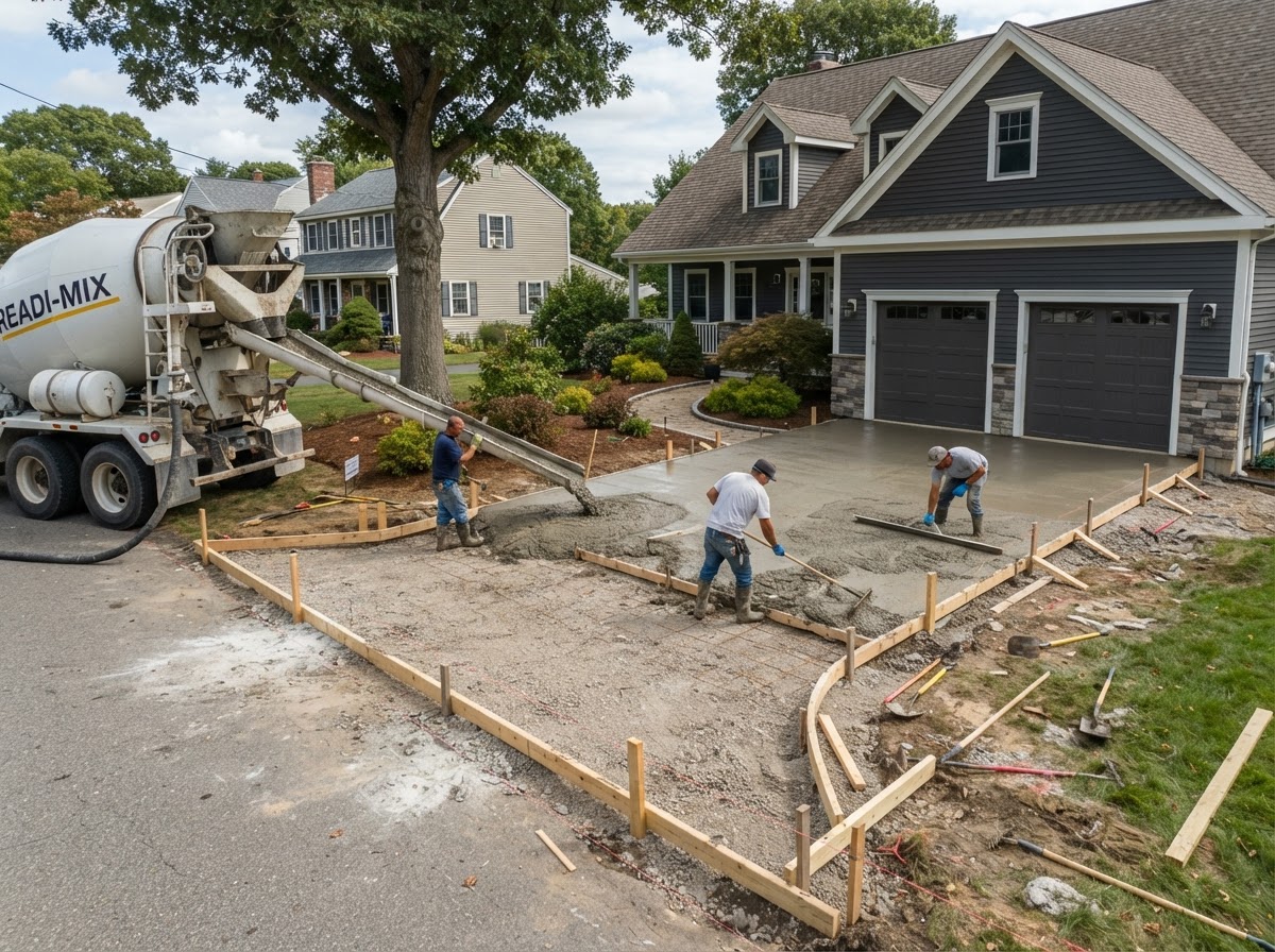 Concrete driveway installation in Bellingham Massachusetts