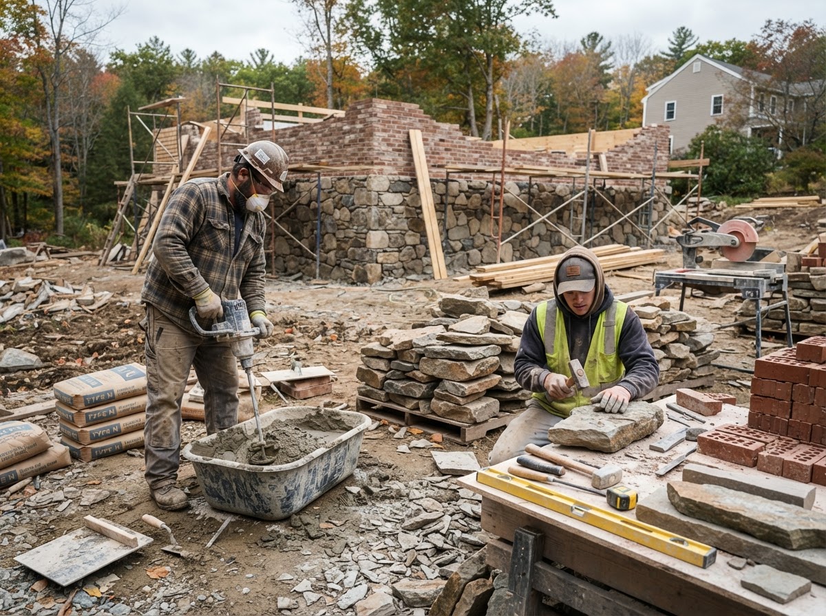 Masonry crew preparing materials for a residential project