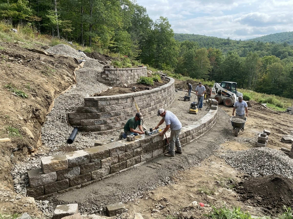 Retaining wall installation on a Mendon property