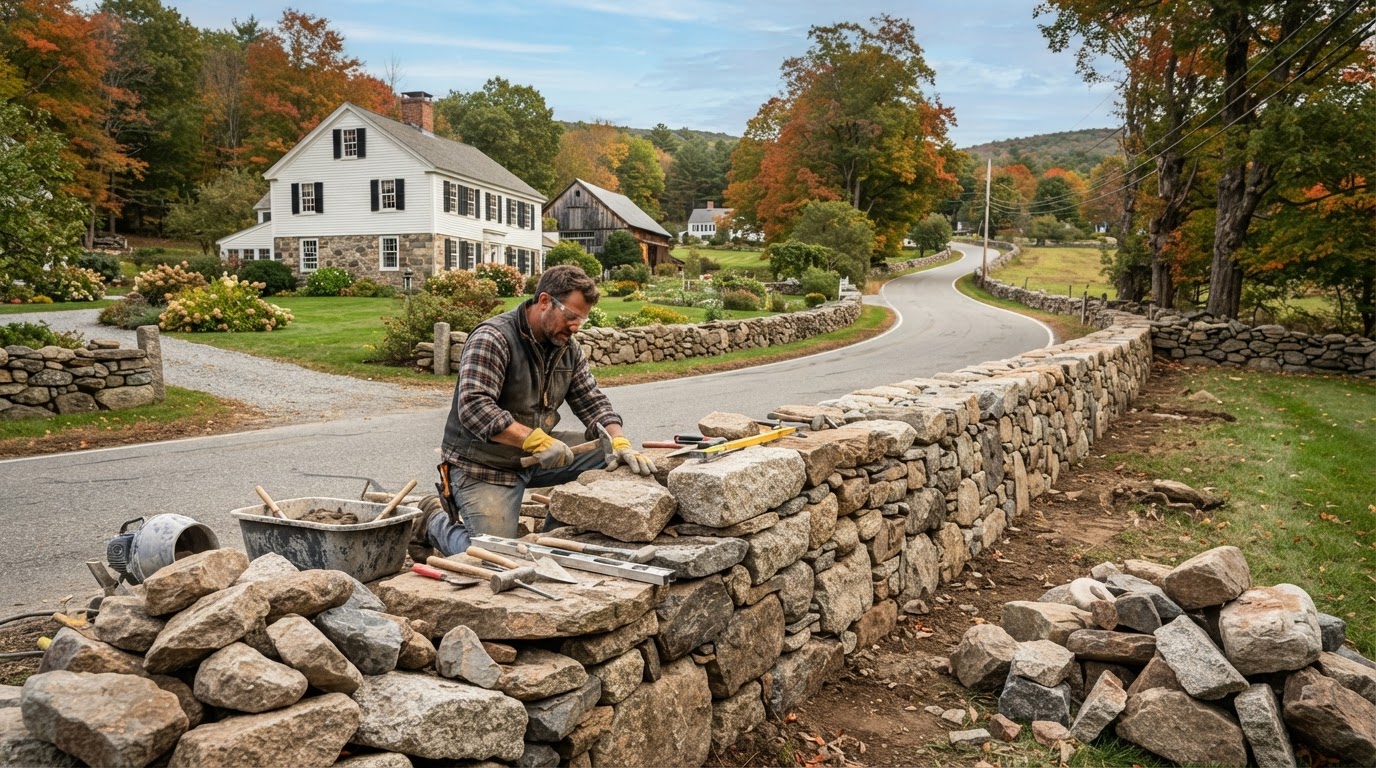 Masonry contractor building a fieldstone wall in Upton Massachusetts