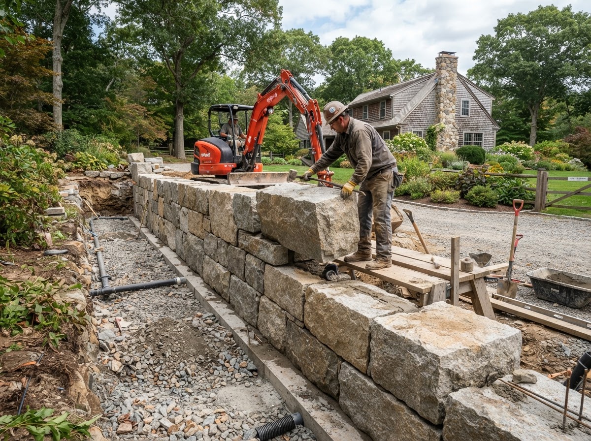 Granite stone wall construction at a Milford area property
