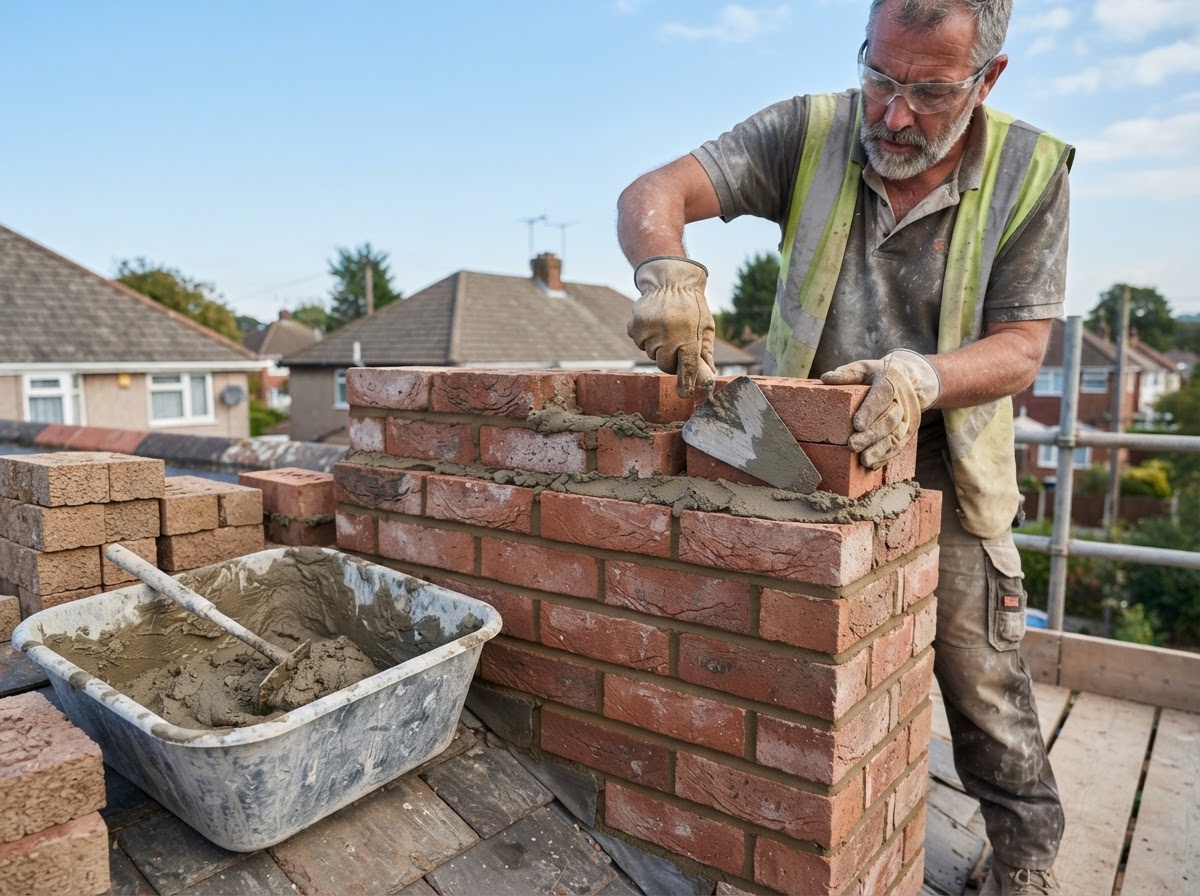 New chimney brick courses being laid during a rebuild in Milford MA