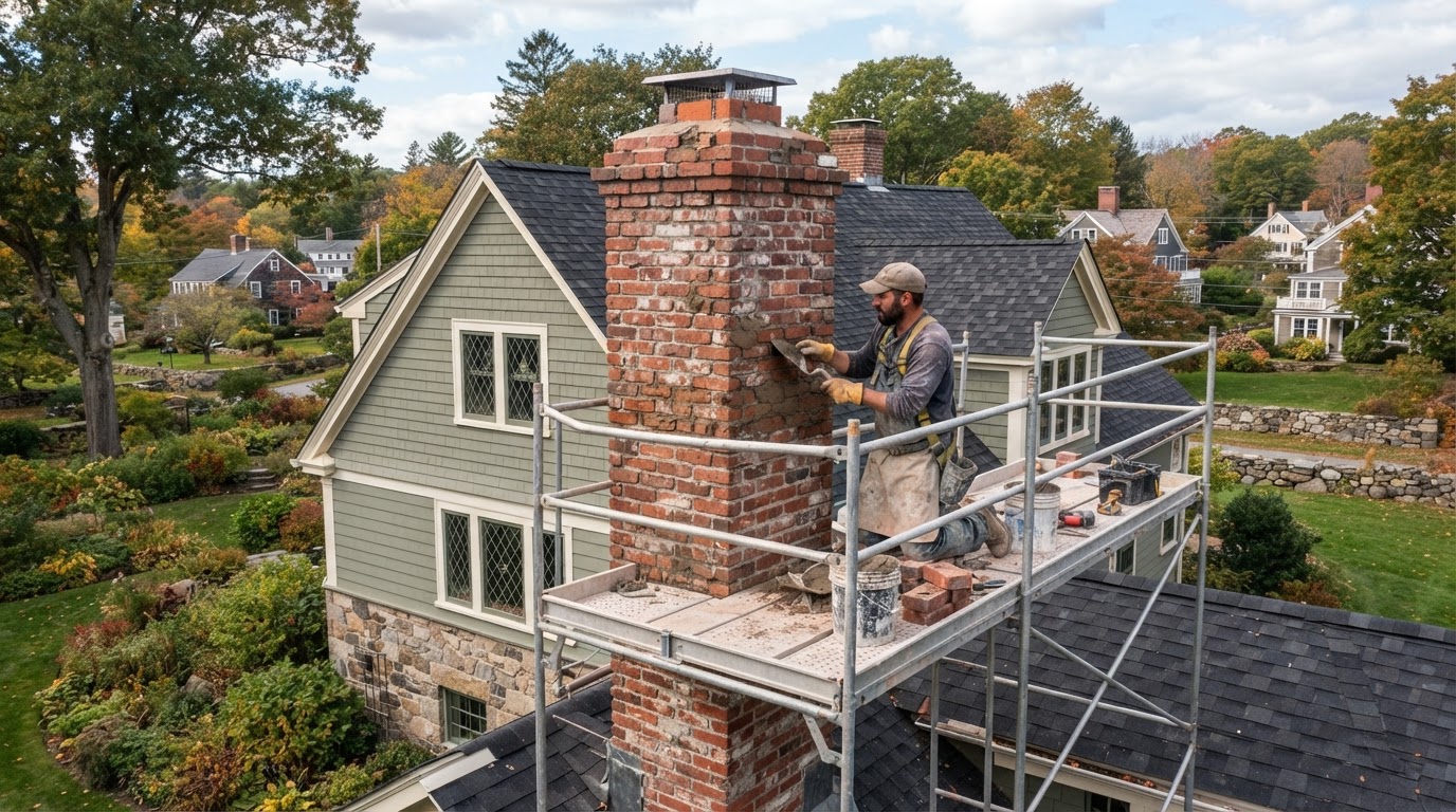 Chimney masonry repair on a residential property in Franklin Massachusetts
