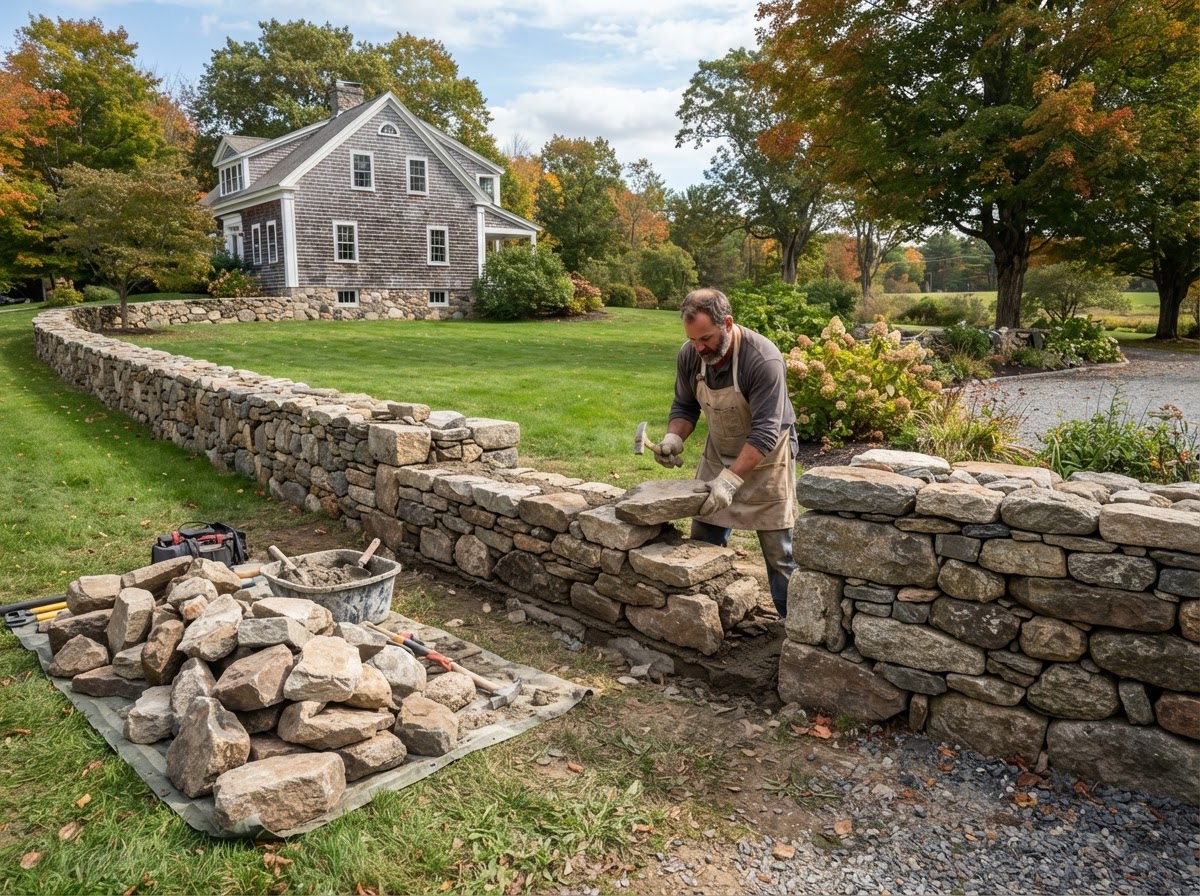 Partial natural stone wall rebuilding at a Holliston area property