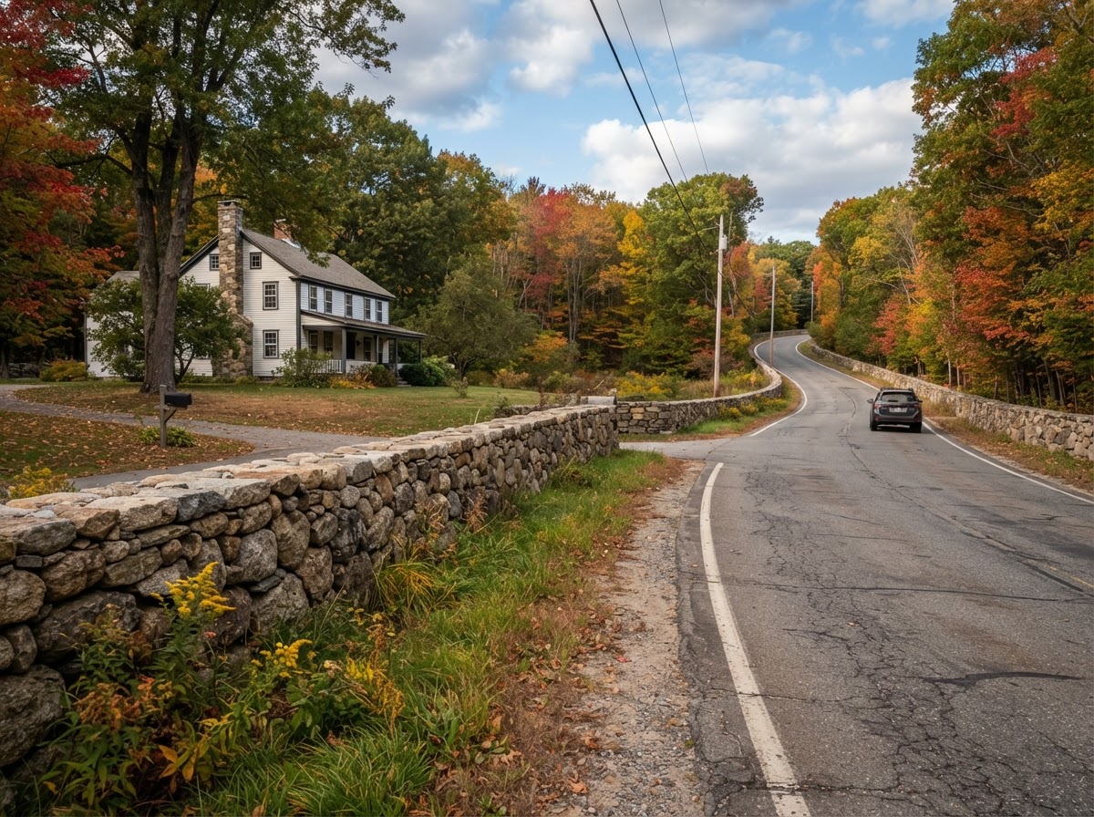Finished natural stone wall with traditional New England road character in Upton MA