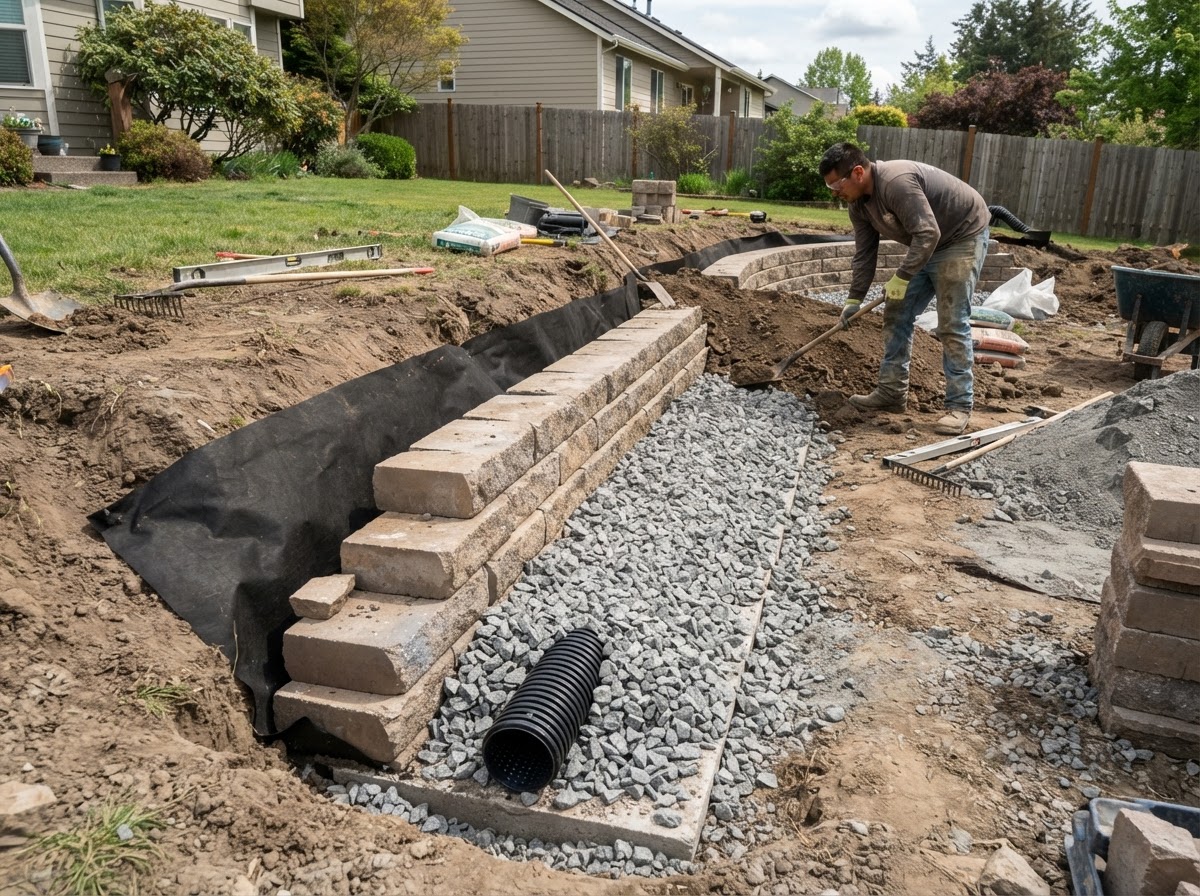 Retaining wall drainage stone and backfill during installation