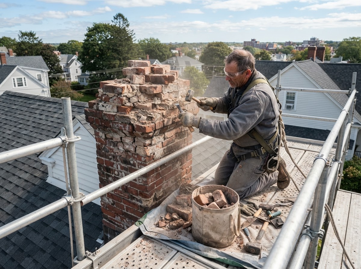 Professional dismantling of deteriorated chimney brick in Milford MA
